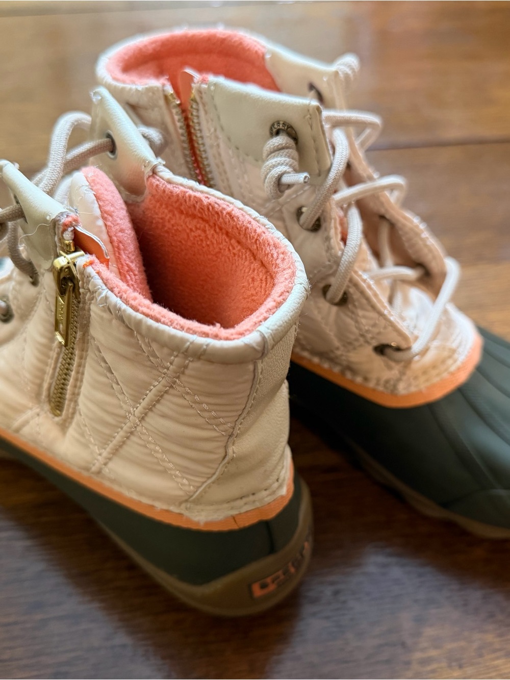 Sperry Olive & Tan Quilted Duck Boots with Coral Accents - Picture 2 of 9